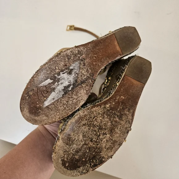 Tory Burch Gold Sequin Wedge Heel Sandals - Picture 7 of 9